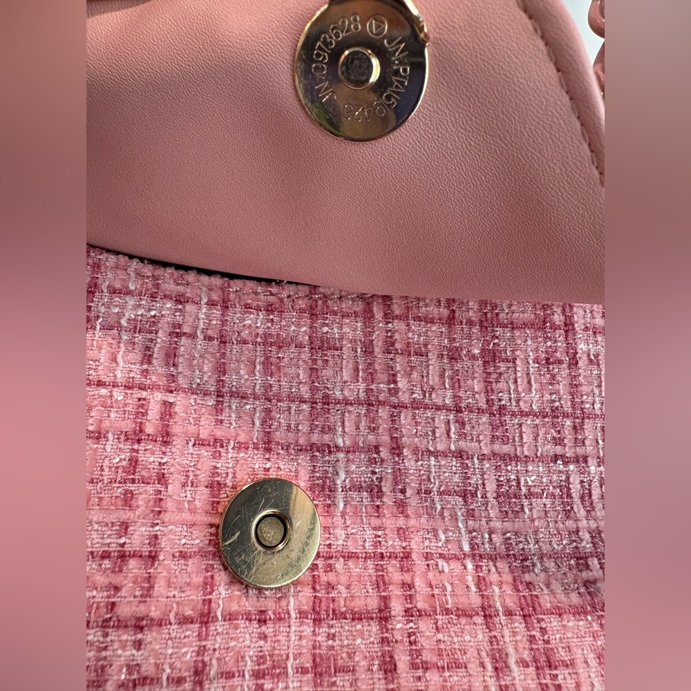 GUESS | Pink Gingham Tweed Crossbody Bag with Leather Trim - Picture 6 of 17